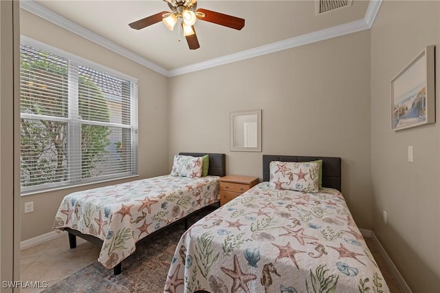 bedroom featuring crown molding and ceiling fan