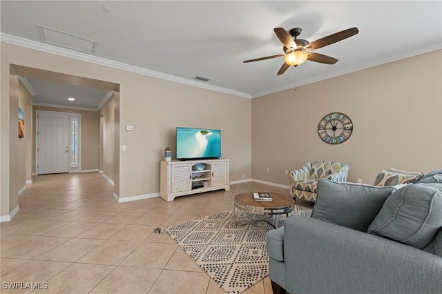 tiled living room featuring ornamental molding and ceiling fan