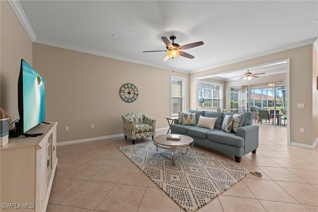 living room featuring light tile patterned floors, ornamental molding, and ceiling fan