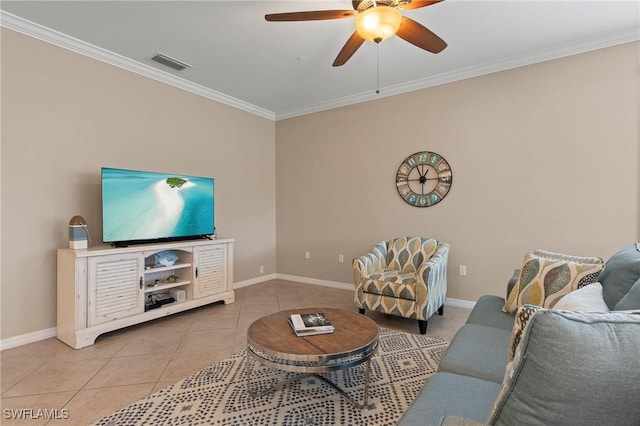 tiled living room with crown molding and ceiling fan