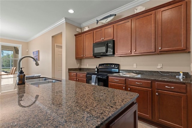 kitchen with crown molding, dark stone countertops, sink, and black appliances