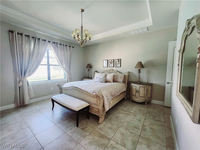 bedroom with a chandelier, a raised ceiling, and light tile patterned floors