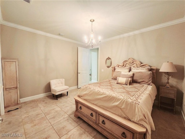 bedroom featuring ornamental molding, light tile patterned floors, and an inviting chandelier