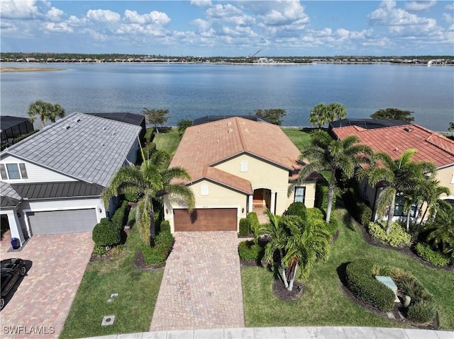 aerial view with a water view