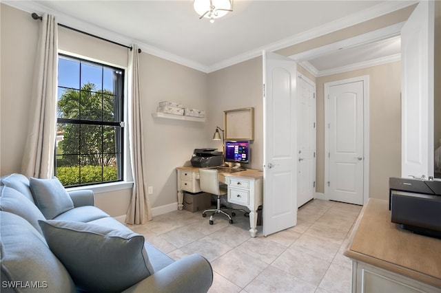 office space with crown molding and light tile patterned flooring