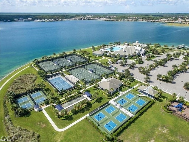 birds eye view of property featuring a water view