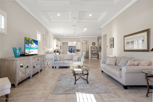 living room featuring crown molding, coffered ceiling, beam ceiling, and light tile patterned floors