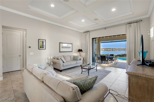 tiled living room with beamed ceiling, ornamental molding, and coffered ceiling