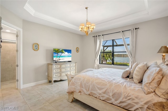 tiled bedroom with an inviting chandelier, ornamental molding, and a raised ceiling