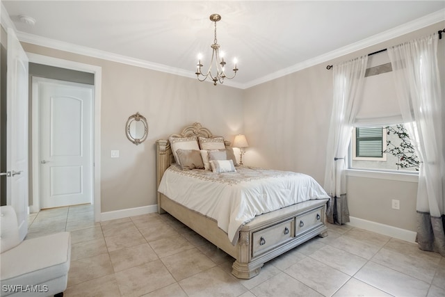 tiled bedroom with an inviting chandelier and ornamental molding