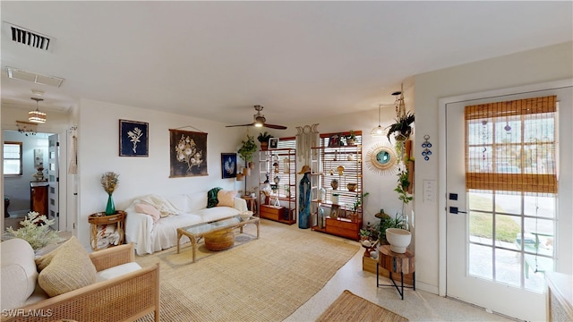 living room with ceiling fan