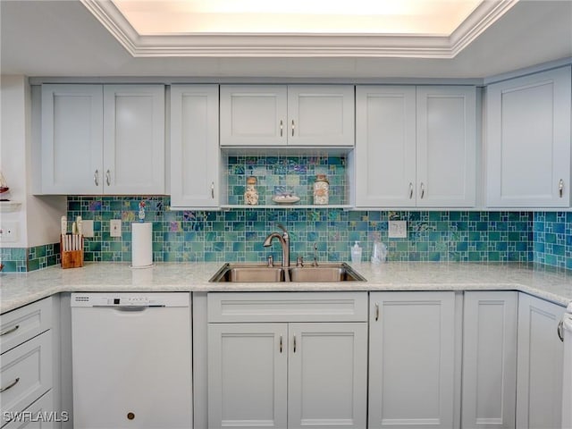 kitchen with tasteful backsplash, white cabinetry, sink, ornamental molding, and white dishwasher