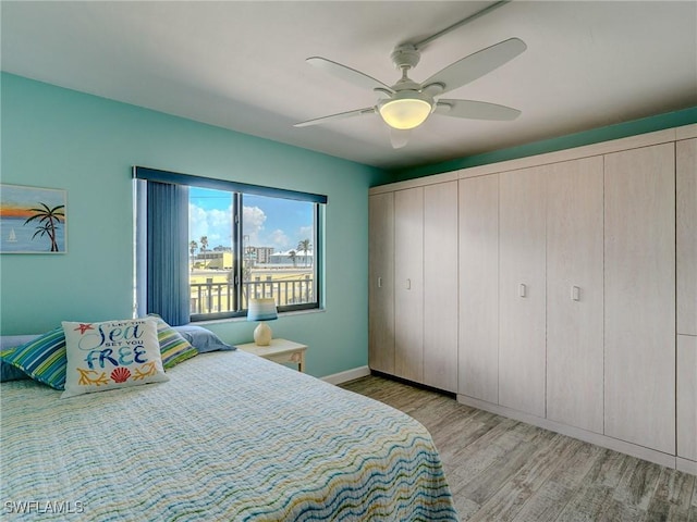 bedroom with ceiling fan and light wood-type flooring