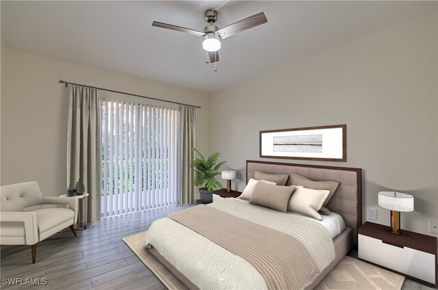 bedroom with access to outside, ceiling fan, and light hardwood / wood-style flooring