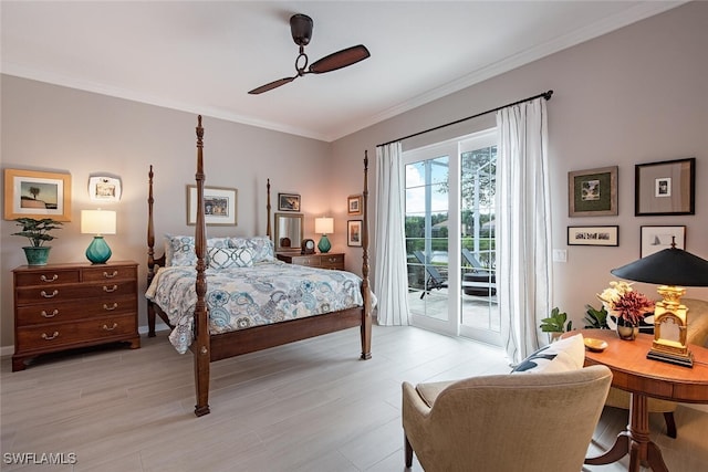 bedroom with ornamental molding, ceiling fan, access to exterior, and light hardwood / wood-style floors