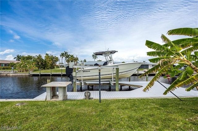 view of dock featuring a water view and a lawn