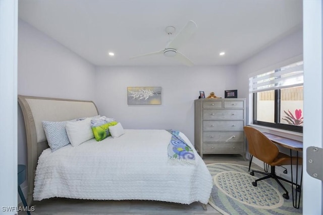 bedroom with ceiling fan and recessed lighting