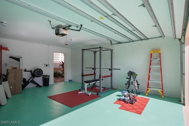 workout area featuring a garage