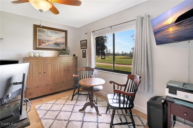 living area featuring ceiling fan and light hardwood / wood-style flooring