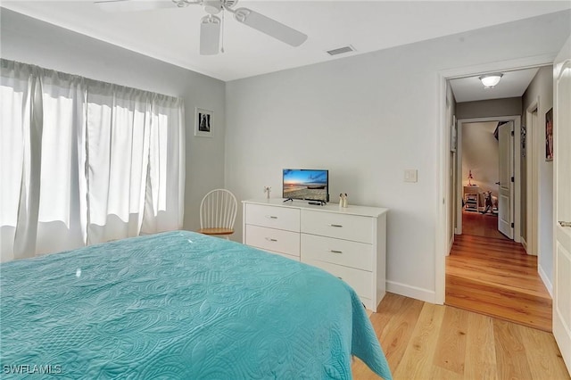 bedroom featuring ceiling fan and light hardwood / wood-style floors