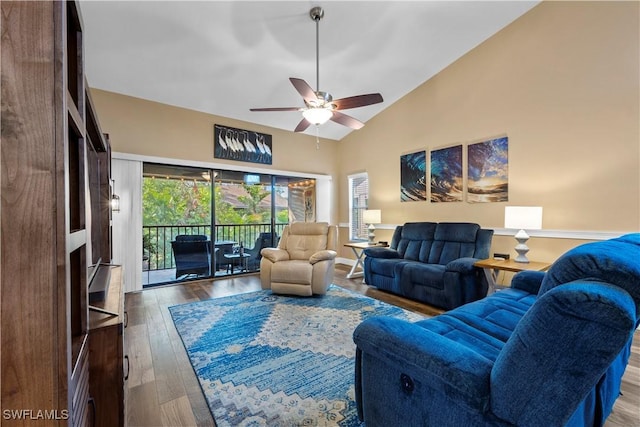 living room with high vaulted ceiling, hardwood / wood-style floors, and ceiling fan