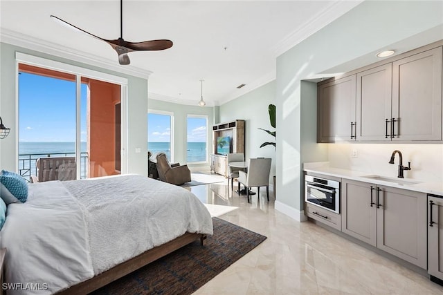 bedroom with sink, a water view, crown molding, ceiling fan, and access to exterior