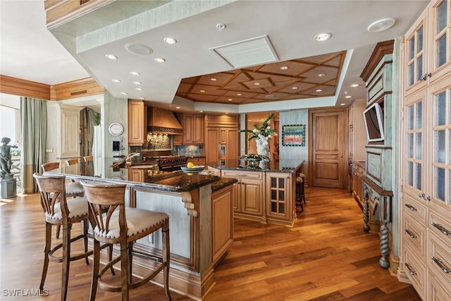 kitchen with premium range hood, a breakfast bar area, dark stone counters, a tray ceiling, and a spacious island