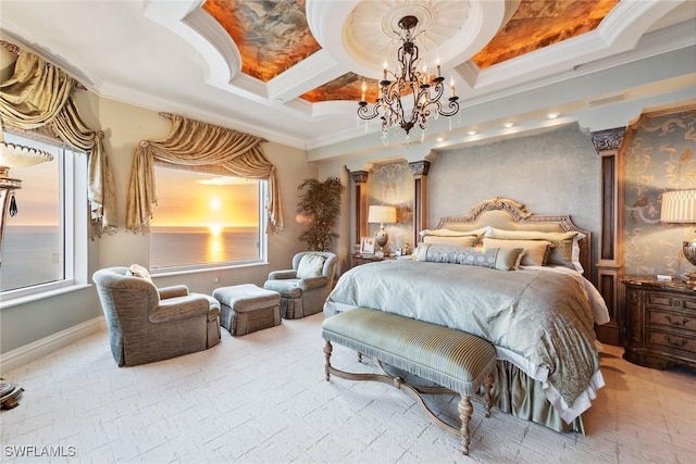 bedroom with ornamental molding, coffered ceiling, and a notable chandelier