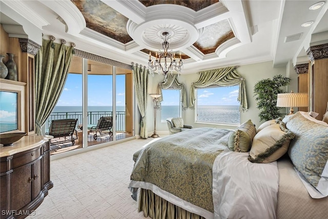 bedroom featuring coffered ceiling, a water view, crown molding, light carpet, and access to outside