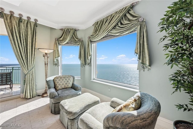 sitting room with a water view