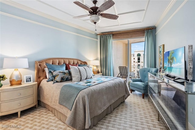 bedroom featuring crown molding, ceiling fan, and access to exterior