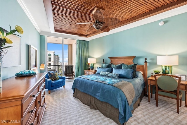 bedroom with ornamental molding, access to outside, a raised ceiling, light carpet, and wooden ceiling