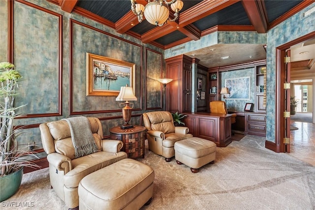 sitting room featuring crown molding, coffered ceiling, beam ceiling, and light carpet