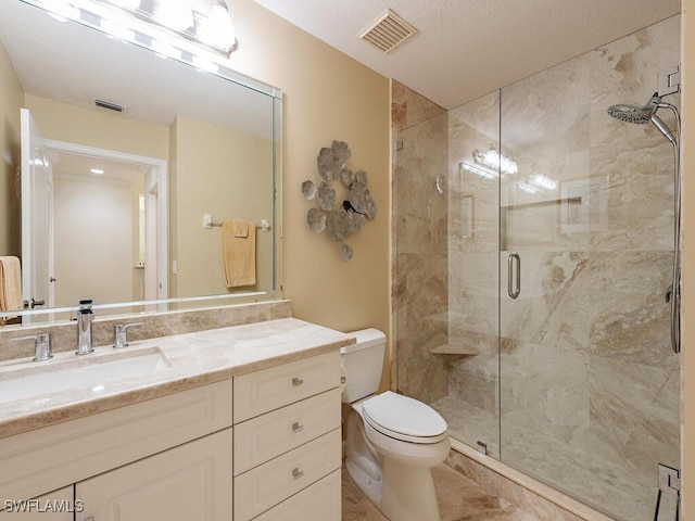 full bathroom with toilet, a stall shower, vanity, and visible vents