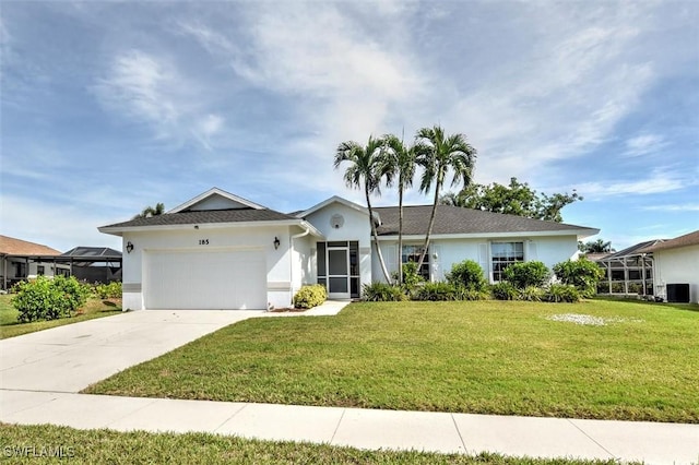 single story home with a garage and a front yard