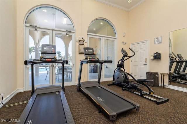 workout area with dark carpet, crown molding, french doors, and a high ceiling