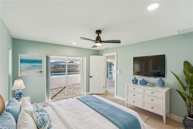 bedroom featuring access to outside, recessed lighting, a ceiling fan, and baseboards