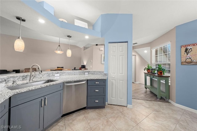 kitchen featuring gray cabinets, pendant lighting, sink, and stainless steel dishwasher