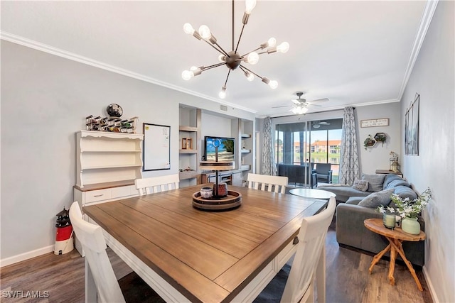 dining room with crown molding, dark hardwood / wood-style flooring, built in shelves, and ceiling fan with notable chandelier