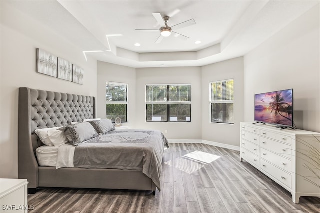4641 Azalea Dr, Naples, FL 34119 - bedroom featuring a tray ceiling, recessed lighting, baseboards, ceiling fan, and wood finished floors