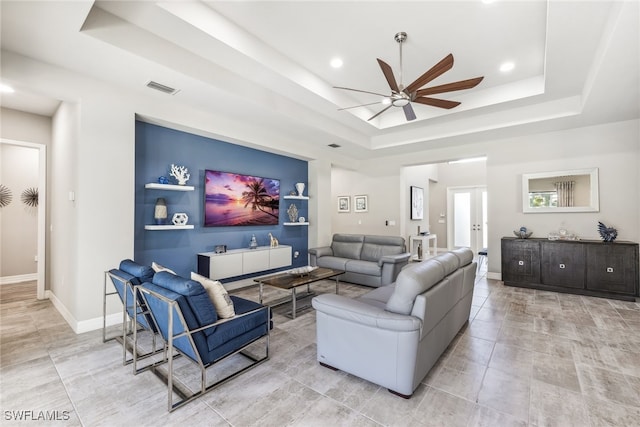 4641 Azalea Dr, Naples, FL 34119 - living area featuring a tray ceiling, baseboards, visible vents, ceiling fan, and recessed lighting