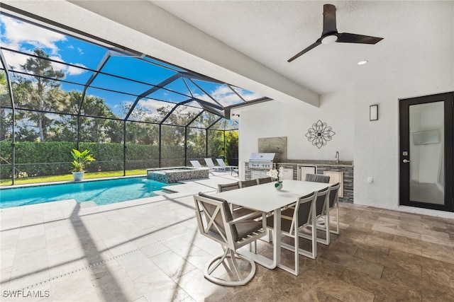 4641 Azalea Dr, Naples, FL 34119 - view of pool with area for grilling, glass enclosure, ceiling fan, grilling area, and a patio area