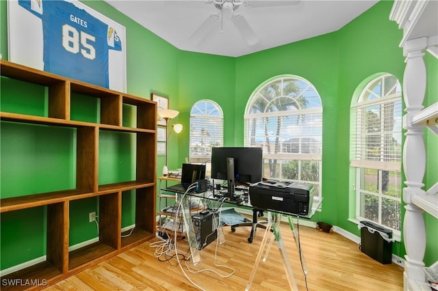 office area featuring hardwood / wood-style floors and ceiling fan