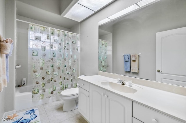 full bathroom with tile patterned flooring, vanity, shower / bathtub combination with curtain, and toilet