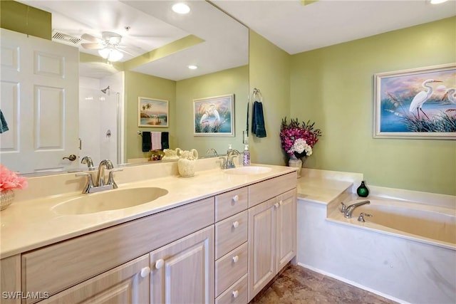 bathroom with ceiling fan, vanity, and independent shower and bath