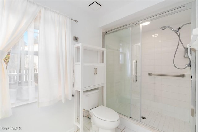 bathroom with toilet, visible vents, and a shower stall