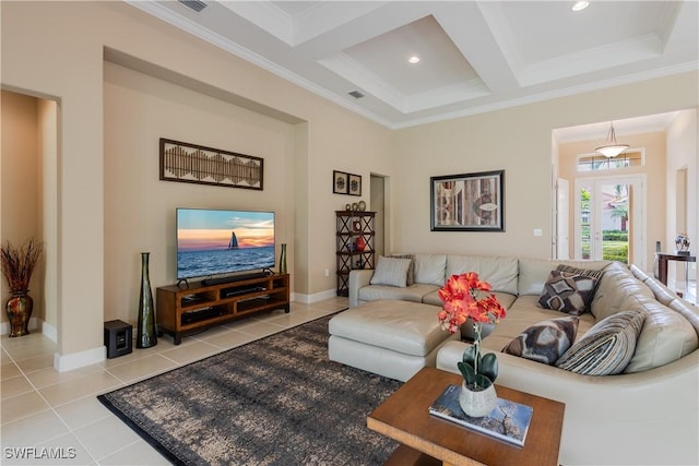 living room featuring coffered ceiling, light tile patterned flooring, ornamental molding, and beam ceiling