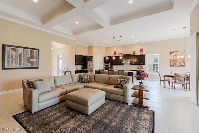 living room with light tile patterned flooring, beamed ceiling, coffered ceiling, crown molding, and an inviting chandelier