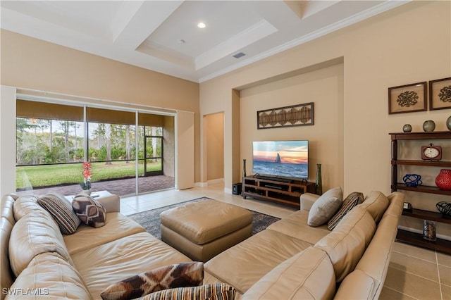 living room with light tile patterned flooring, beamed ceiling, coffered ceiling, and a high ceiling