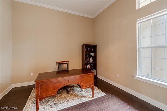 office with crown molding and dark wood-type flooring